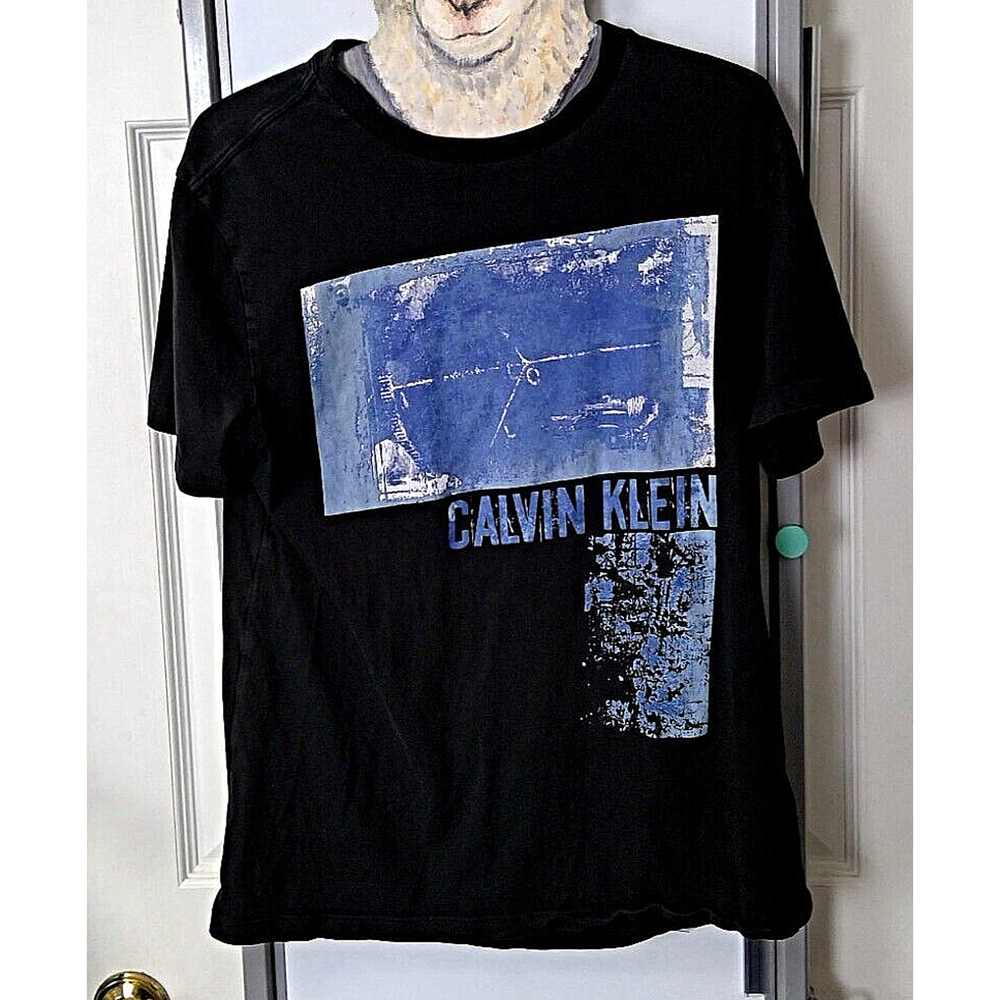 Calvin Klein Jeans Black T Shirt Small Blue/White Graphic Spellout 100% Cotton